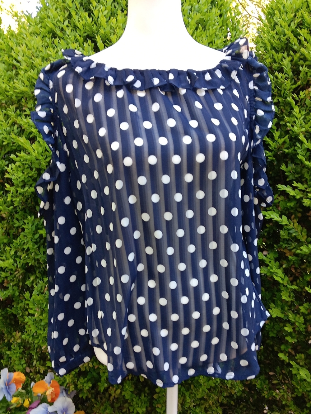 Navy Polka Dot Ruffle Off-Shoulder Blouse